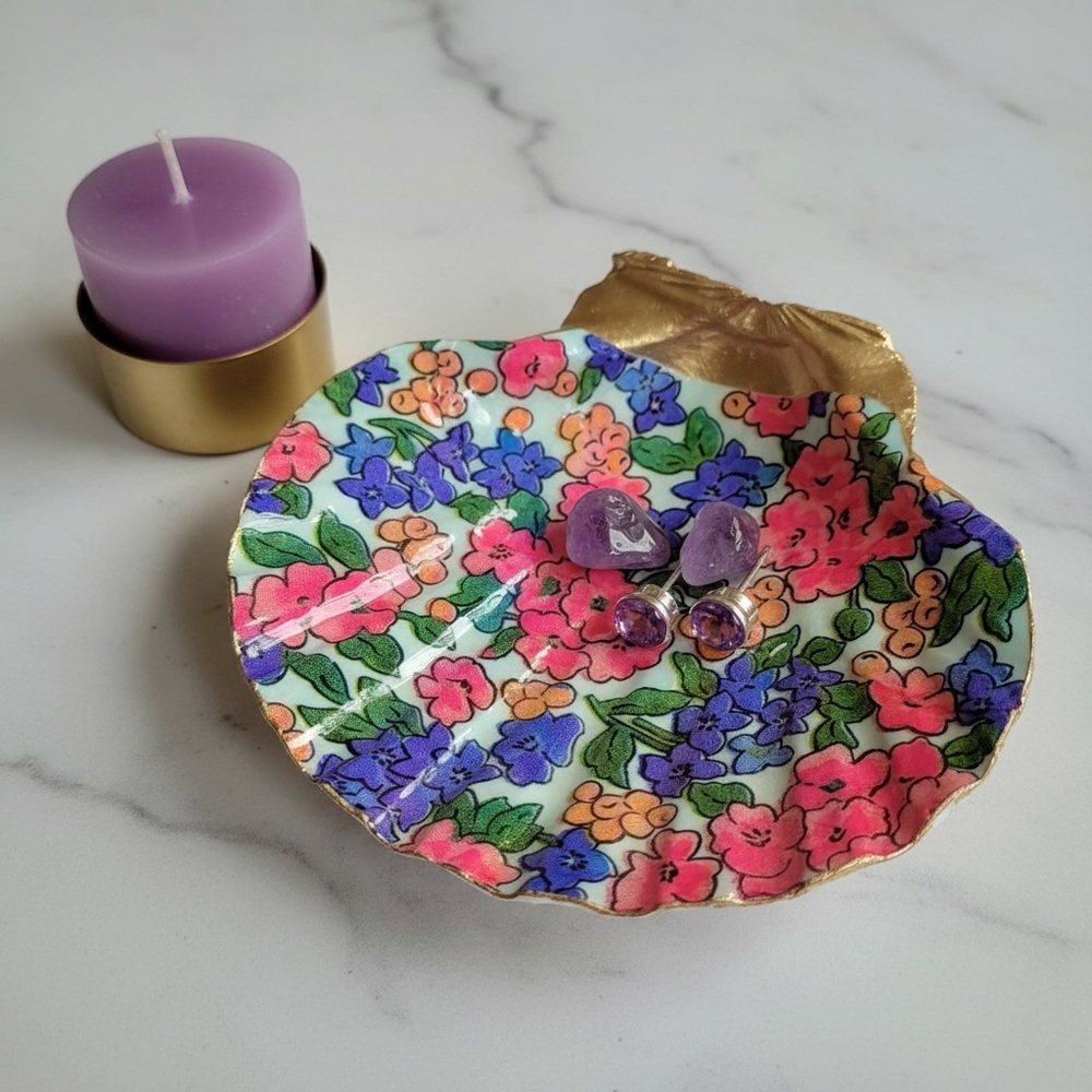 Pink and Purple Lilly Floral Seashell Trinket Dish